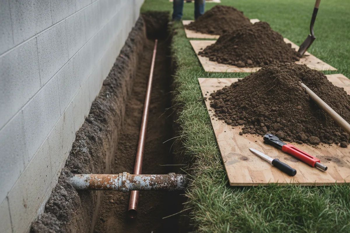 Excavated water line trench during Sewer Line Repair in Pine Top